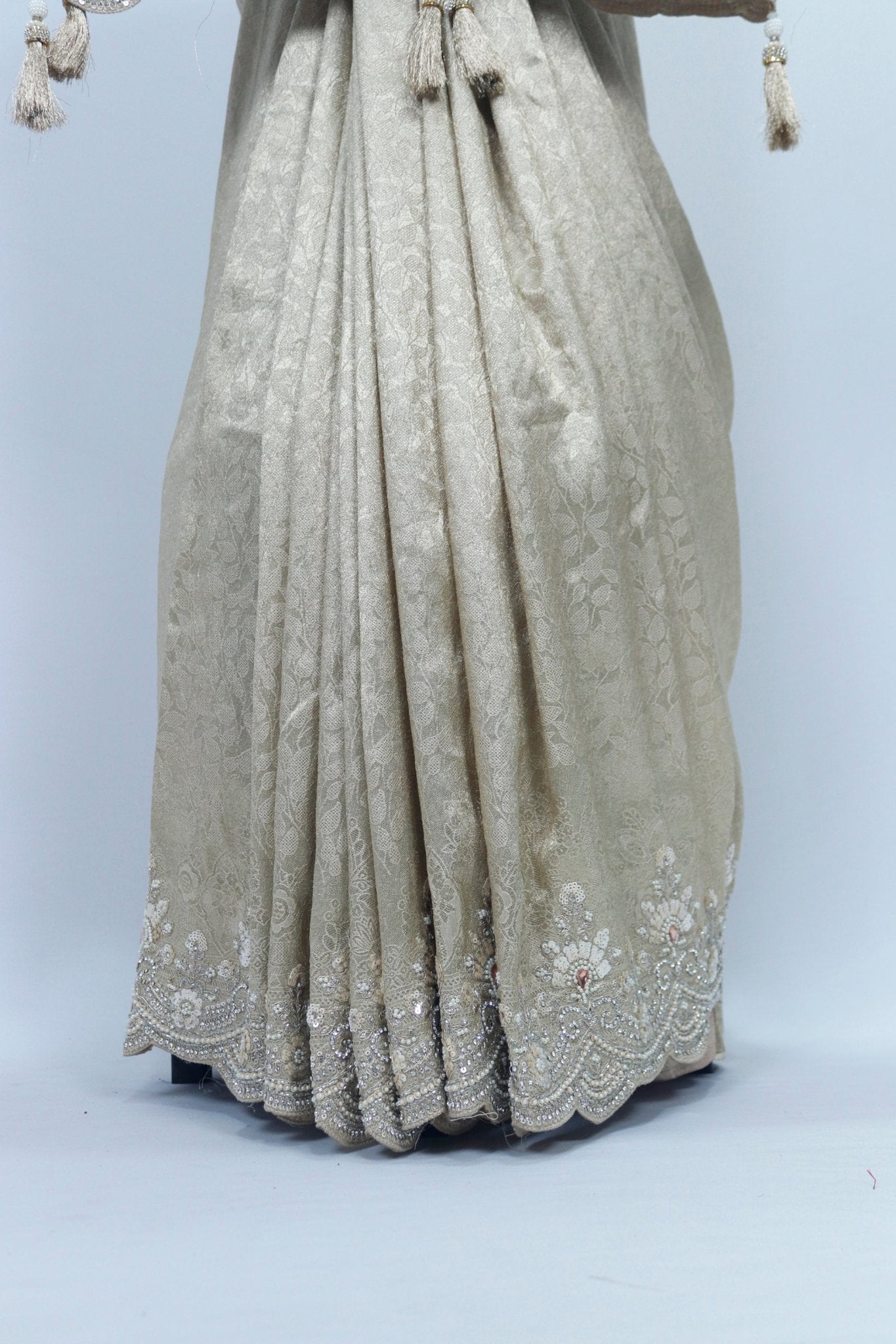 Elegant Beige Designer Embroidered Saree with Sequin & Pearl Work – Bridal & Party Wear - Mangaldeep NX