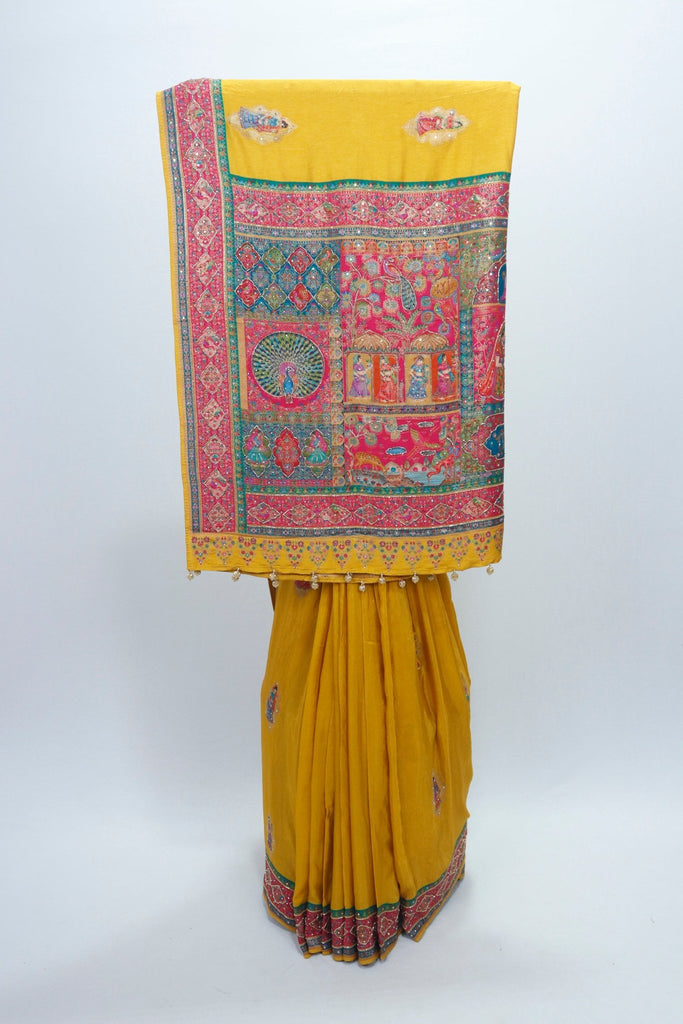 Elegant Beige Designer Silk Saree with Pearl Embroidery Sequin Border for Wedding Party Wear - Mangaldeep NX