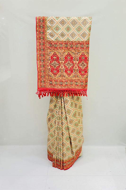 Elegant Beige & Red Printed Saree - Mangaldeep NX