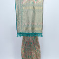 Elegant Beige Teal Banarasi Silk Saree with Zari and Floral Resham Embroidery Festive Wedding Wear - Mangaldeep NX
