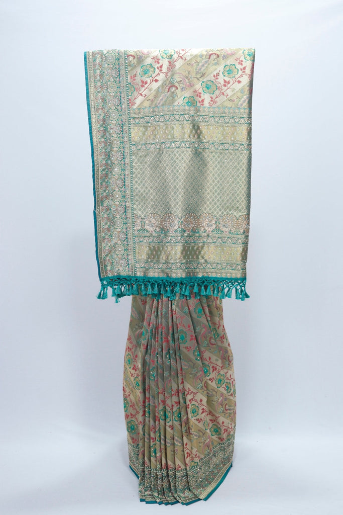 Elegant Beige Teal Banarasi Silk Saree with Zari and Floral Resham Embroidery Festive Wedding Wear - Mangaldeep NX
