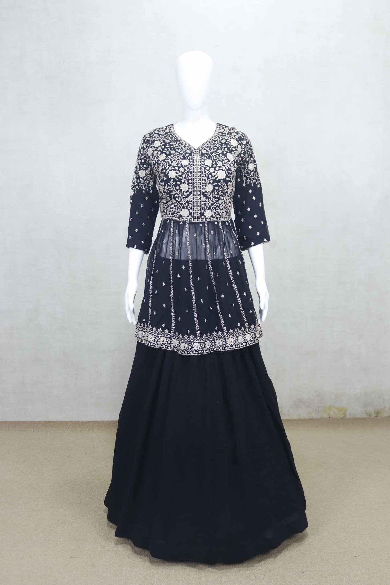 Elegant Black Embroidered Crop Top Style Lehenga Set with Dupatta - Mangaldeep NX