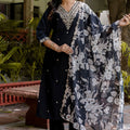 Elegant Black Embroidered Salwar Suit with Floral Organza Dupatta - Mangaldeep NX