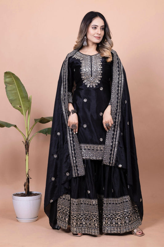 Elegant Black Embroidered Sharara Suit for Women - Mangaldeep NX