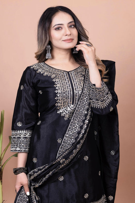 Elegant Black Embroidered Sharara Suit for Women - Mangaldeep NX