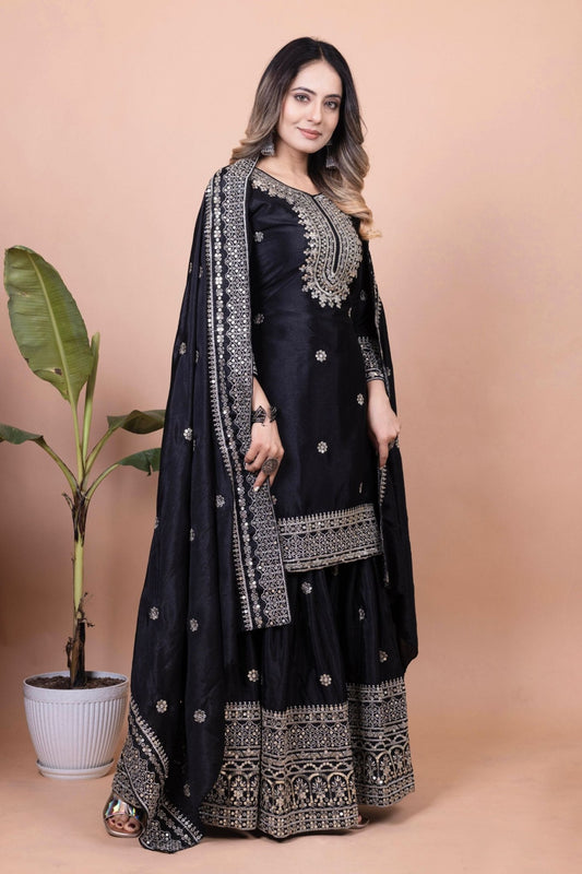Elegant Black Embroidered Sharara Suit for Women - Mangaldeep NX