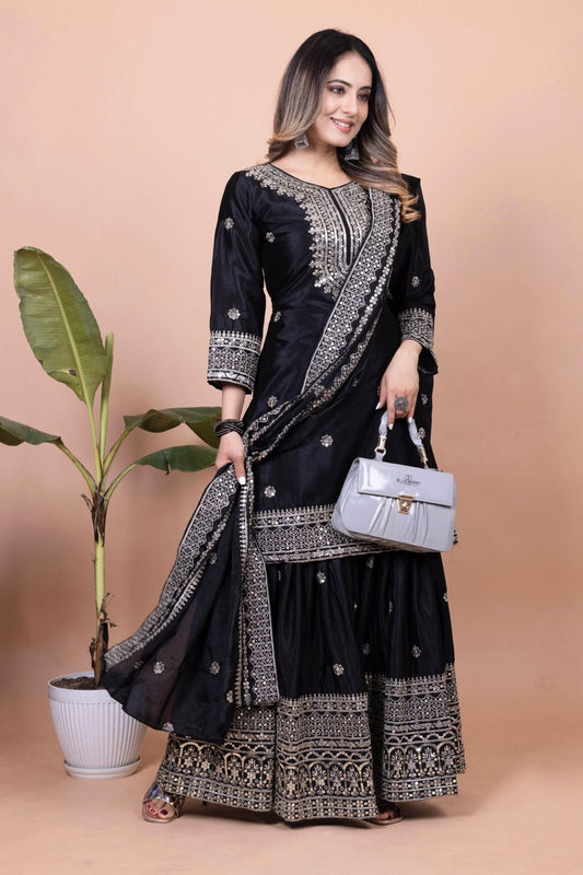 Elegant Black Embroidered Sharara Suit for Women - Mangaldeep NX