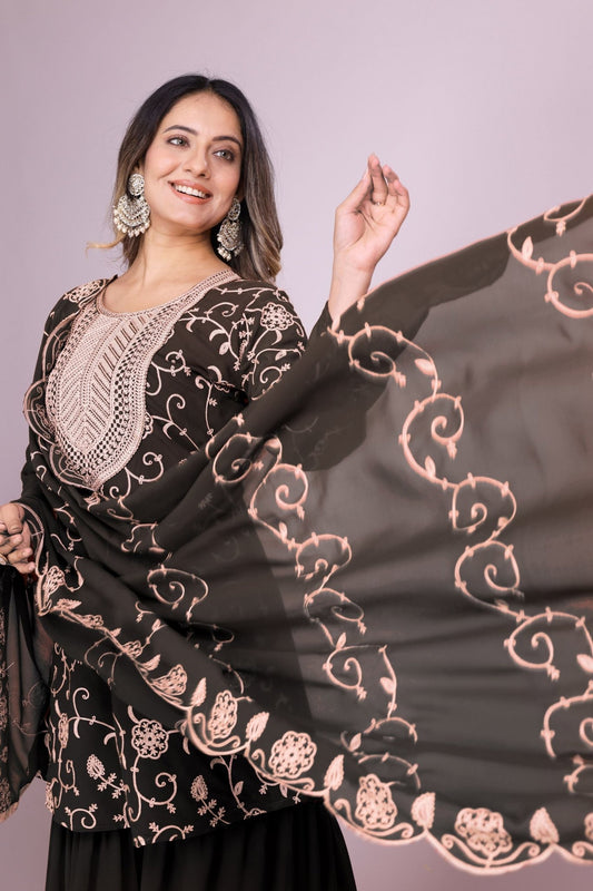 Elegant Black Embroidered Sharara Suit Set for Women - Mangaldeep NX