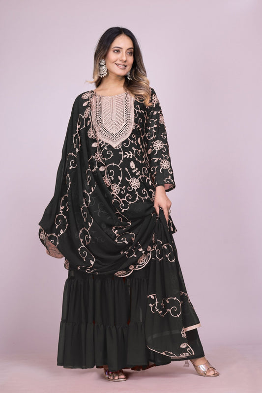 Elegant Black Embroidered Sharara Suit Set for Women - Mangaldeep NX