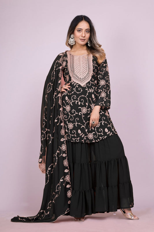 Elegant Black Embroidered Sharara Suit Set for Women - Mangaldeep NX