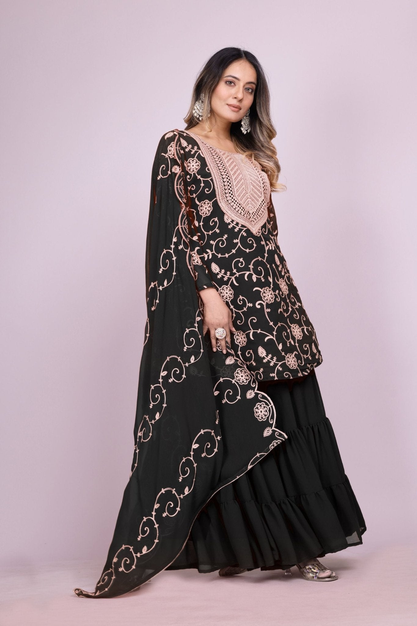 Elegant Black Embroidered Sharara Suit Set for Women - Mangaldeep NX