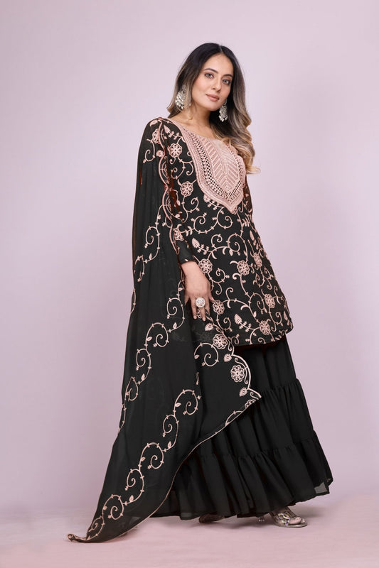 Elegant Black Embroidered Sharara Suit Set for Women - Mangaldeep NX
