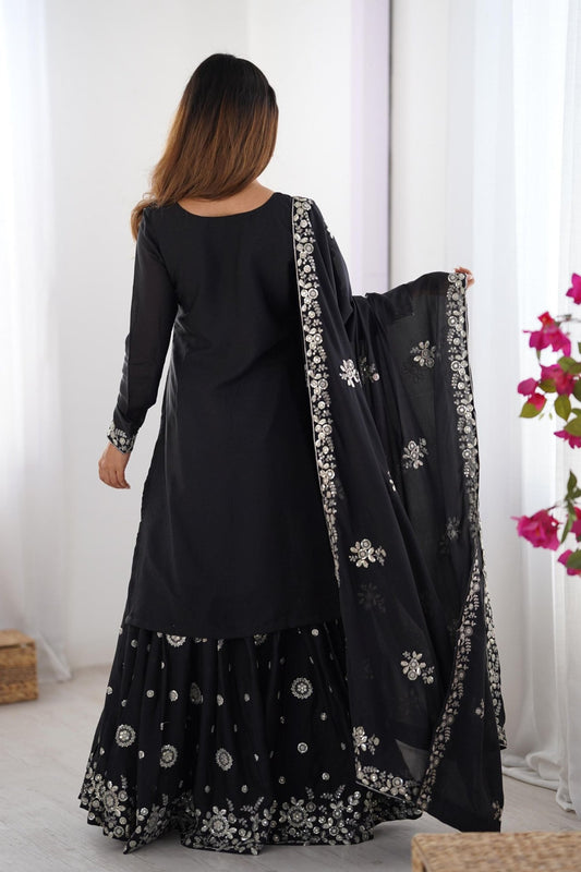 Elegant Black Party Wear Sharara Suit with Silver Embroidery - Mangaldeep NX