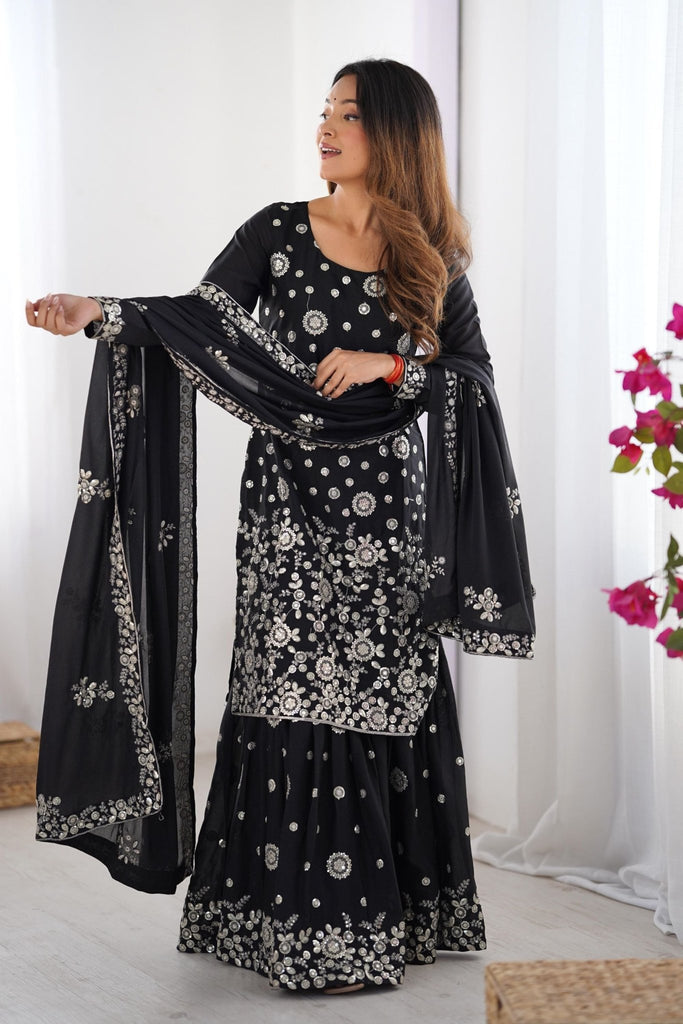 Elegant Black Party Wear Sharara Suit with Silver Embroidery - Mangaldeep NX