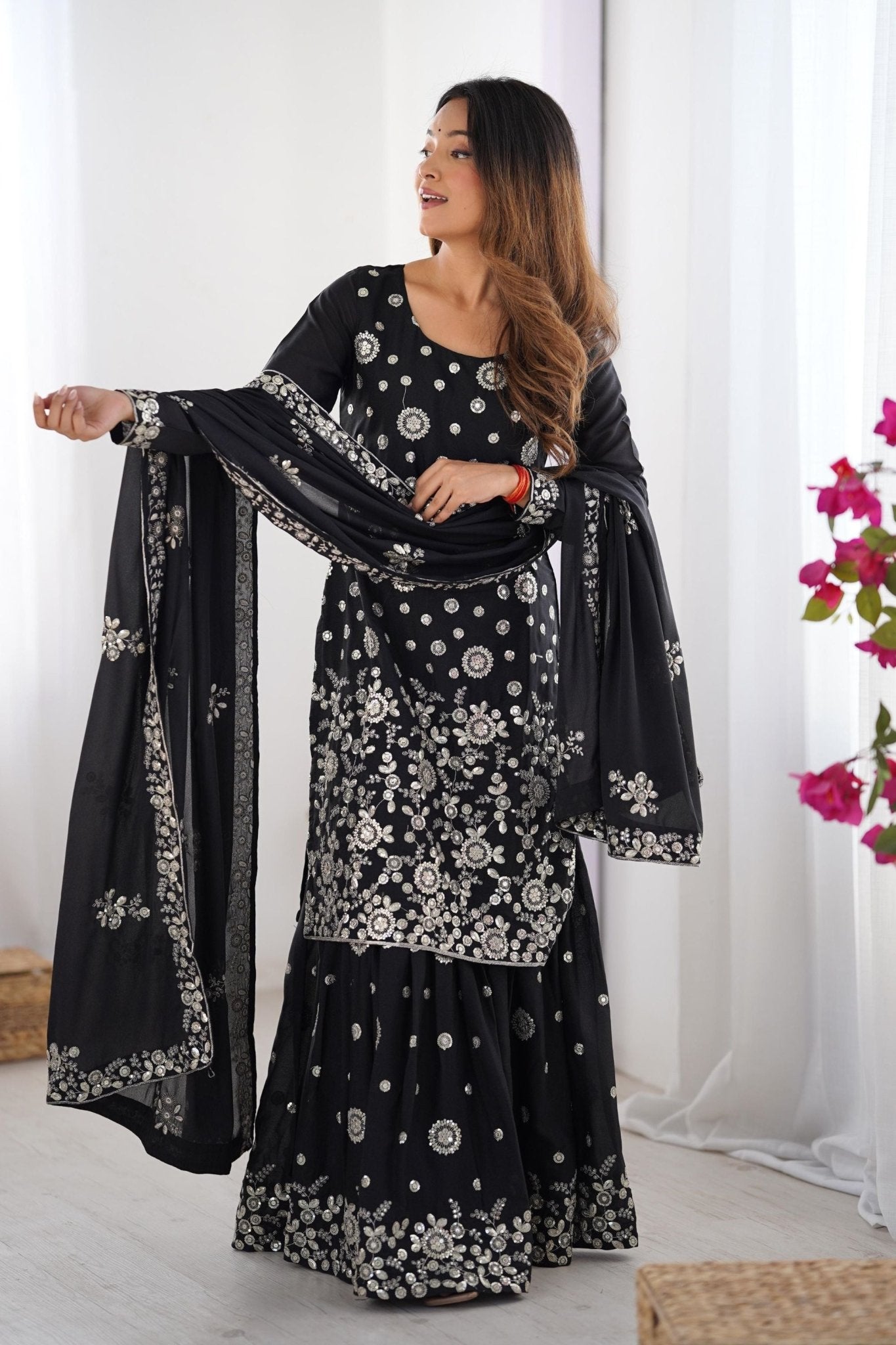 Elegant Black Party Wear Sharara Suit with Silver Embroidery - Mangaldeep NX