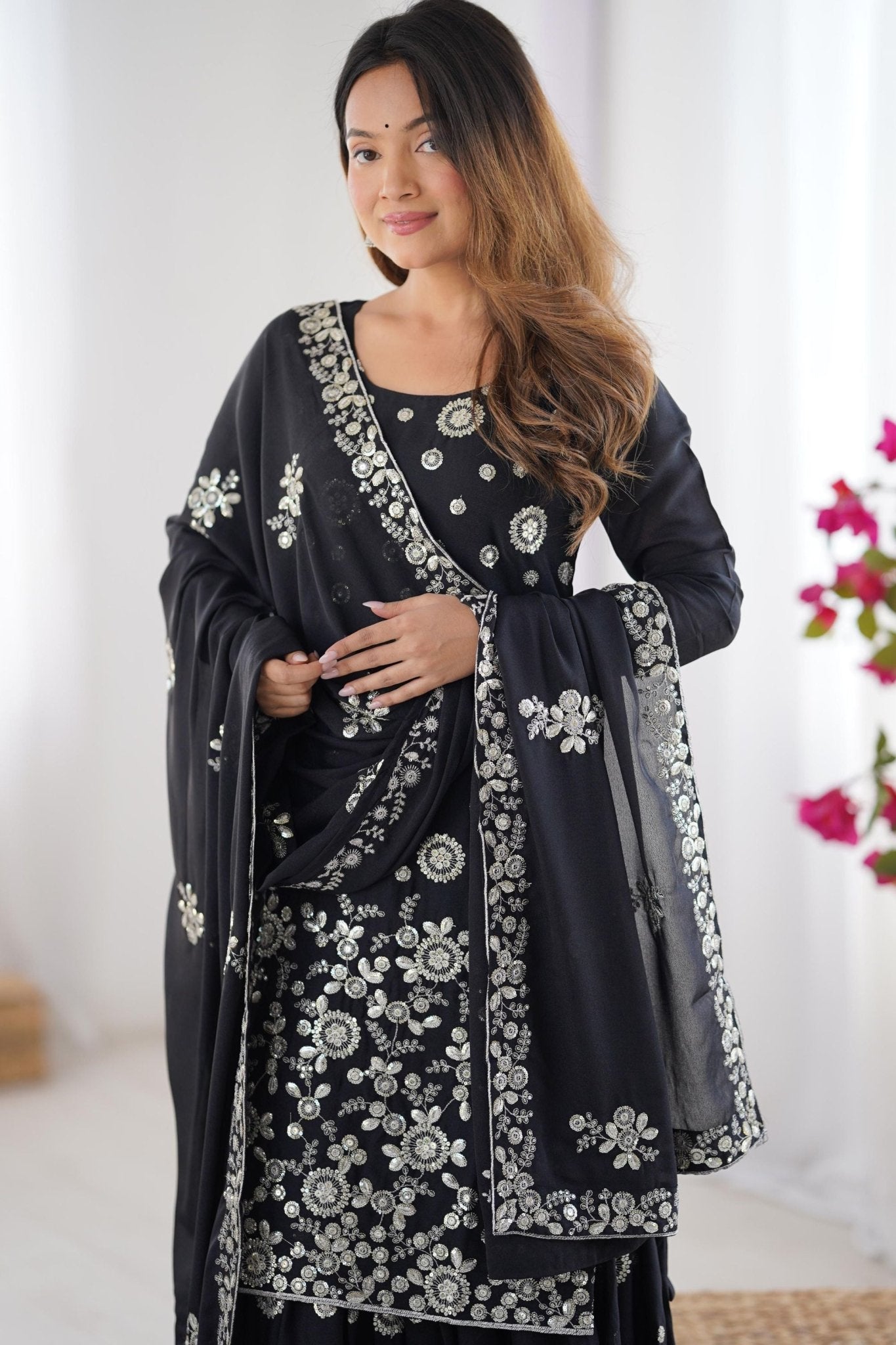 Elegant Black Party Wear Sharara Suit with Silver Embroidery - Mangaldeep NX