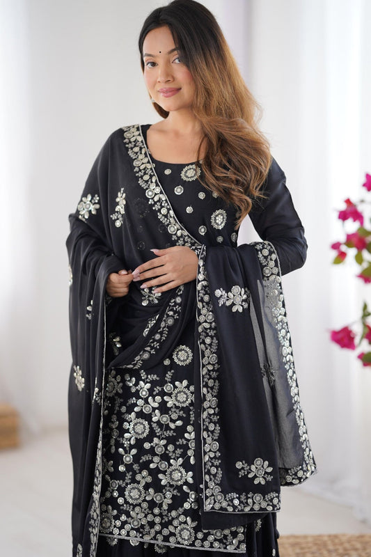 Elegant Black Party Wear Sharara Suit with Silver Embroidery - Mangaldeep NX