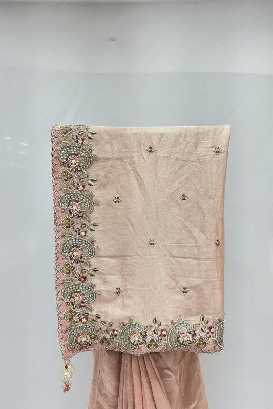 Elegant Blush Pink Silk Saree with Intricate Embroidered Border - Mangaldeep NX