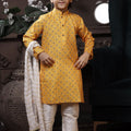 Elegant Boys Mustard Yellow Printed Kurta with Cream Pyjama and White Dupatta - Mangaldeep NX