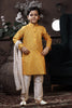 Elegant Boys Mustard Yellow Printed Kurta with Cream Pyjama and White Dupatta - Mangaldeep NX