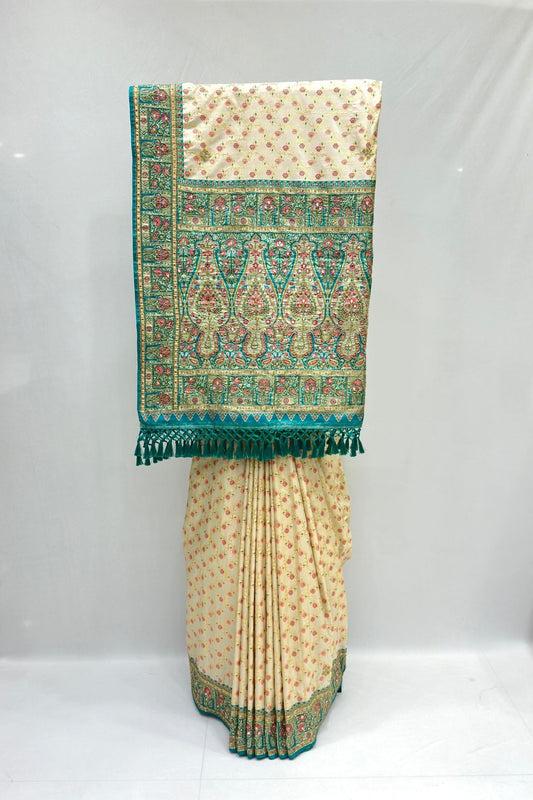 Elegant Cream Banarasi Silk Saree with Green & Red Floral Zari Weaving - Mangaldeep NX