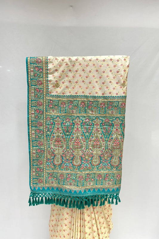 Elegant Cream Banarasi Silk Saree with Green & Red Floral Zari Weaving - Mangaldeep NX