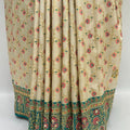 Elegant Cream Banarasi Silk Saree with Green & Red Floral Zari Weaving - Mangaldeep NX
