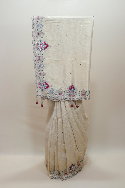 Elegant Cream Georgette Saree Tassels Wedding Festive Wear Saree - Mangaldeep NX