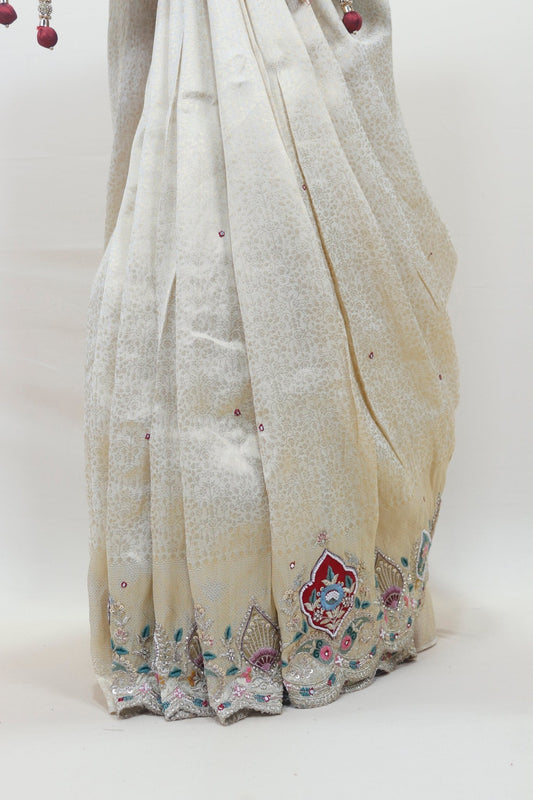 Elegant Cream Georgette Saree Tassels Wedding Festive Wear Saree - Mangaldeep NX