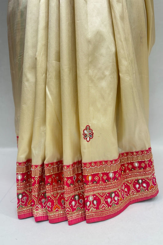 Elegant Cream Silk Saree with Red - Mangaldeep NX