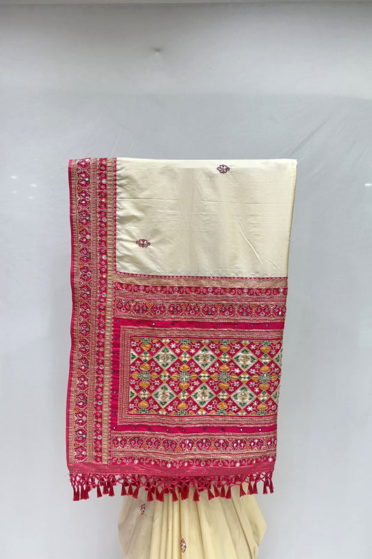 Elegant Cream Silk Saree with Red - Mangaldeep NX