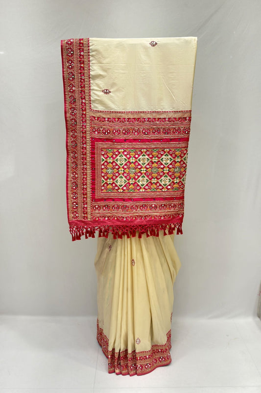 Elegant Cream Silk Saree with Red - Mangaldeep NX