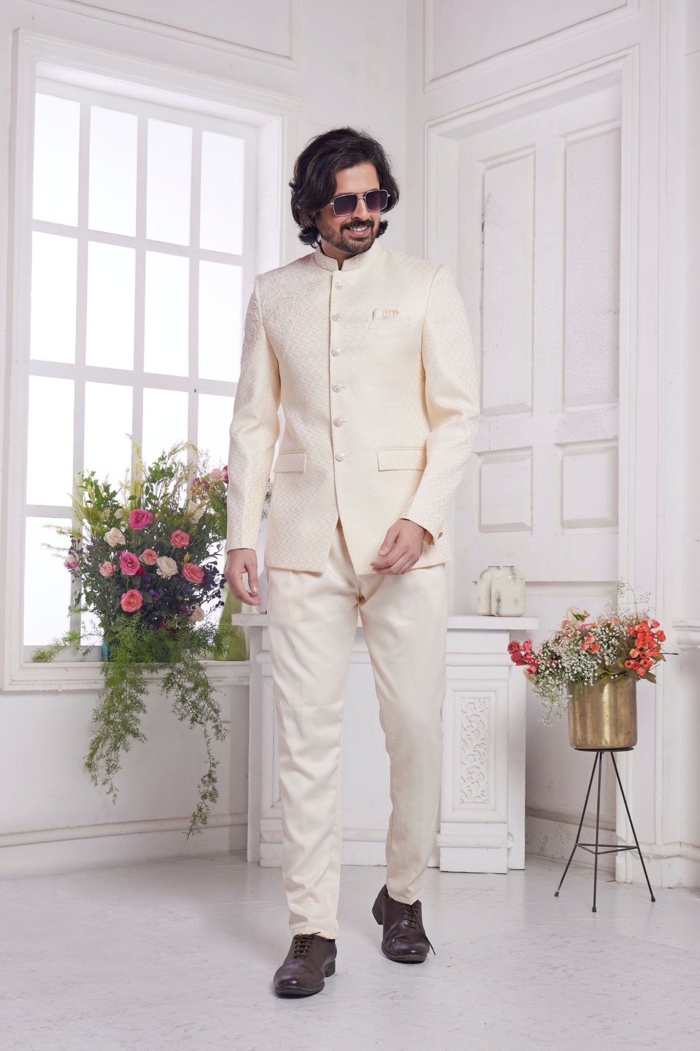 Elegant Cream Textured Indo-Western Suit for Men with Buttoned