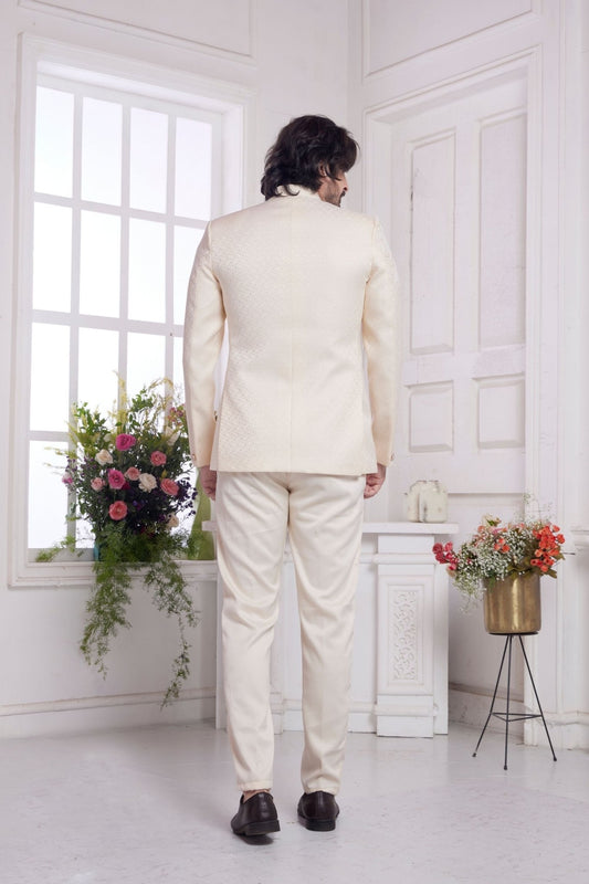 Elegant Cream Textured Indo - Western Suit for Men with Buttoned Jacket and Trousers - Mangaldeep NX