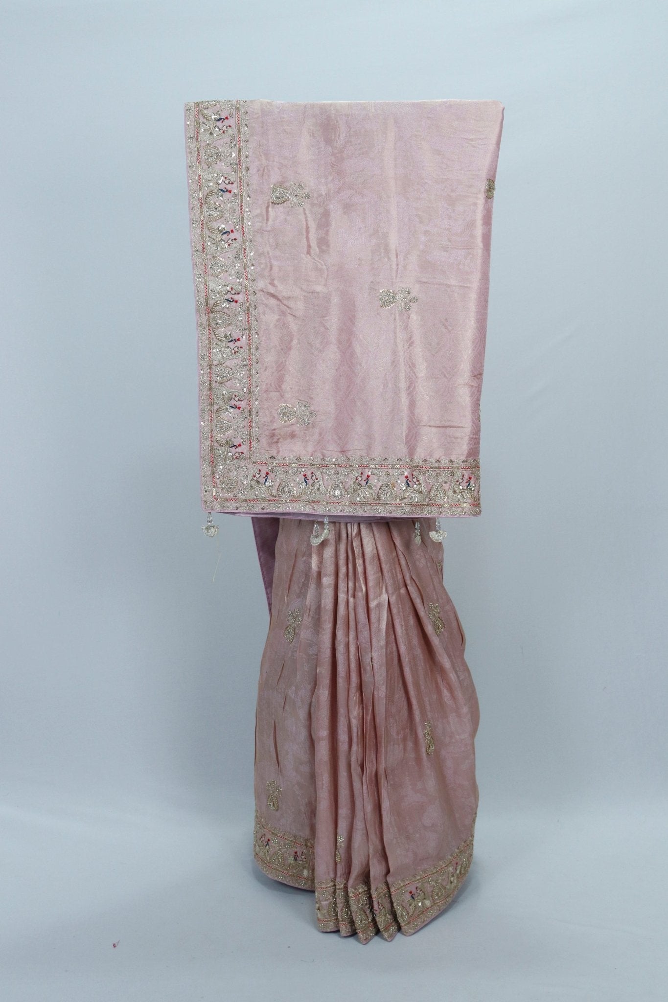Elegant Dusty Pink Handloom Banarasi Silk Saree with Stone Work Border Bridal Festive Wear - Mangaldeep NX