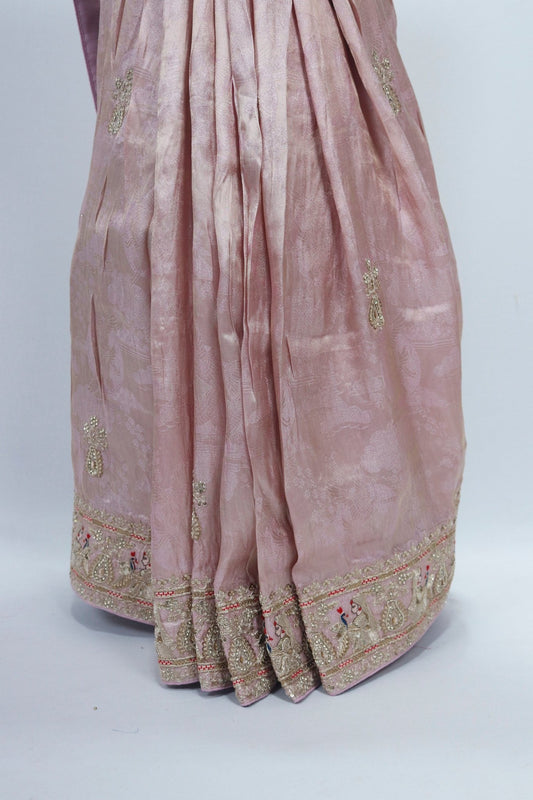 Elegant Dusty Pink Handloom Banarasi Silk Saree with Stone Work Border Bridal Festive Wear - Mangaldeep NX