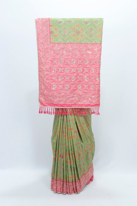 Elegant Green Bandhani Silk Saree with Pink Banarasi Zari Pallu for Weddings Festivals - Mangaldeep NX