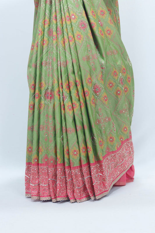 Elegant Green Bandhani Silk Saree with Pink Banarasi Zari Pallu for Weddings Festivals - Mangaldeep NX