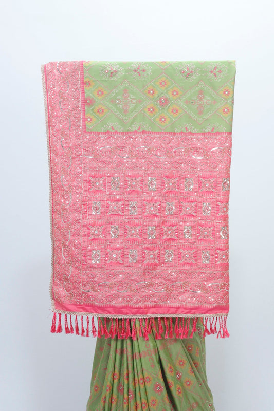 Elegant Green Bandhani Silk Saree with Pink Banarasi Zari Pallu for Weddings Festivals - Mangaldeep NX