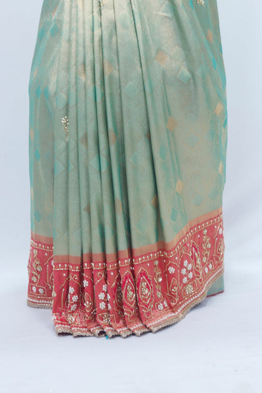 Elegant Green Silk Bandhani Saree with Red Banarasi Zari Pallu Wedding Wear Saree - Mangaldeep NX