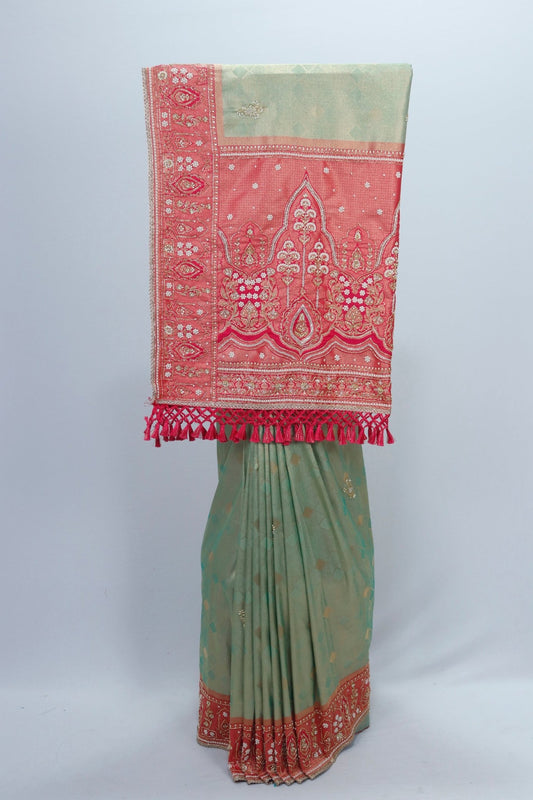 Elegant Green Silk Bandhani Saree with Red Banarasi Zari Pallu Wedding Wear Saree - Mangaldeep NX