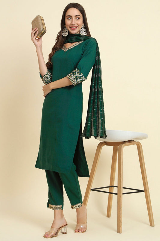 Elegant Green Silk Blend Salwar Suit with Embroidered Details - Mangaldeep NX