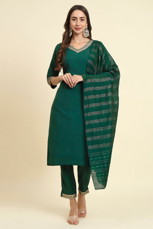 Elegant Green Silk Blend Salwar Suit with Embroidered Details - Mangaldeep NX