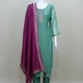 Elegant Green Silk Straight Kurta Set Neckline and Contrast Purple Banarasi Dupatta Festive Wedding Wear Suit - Mangaldeep NX