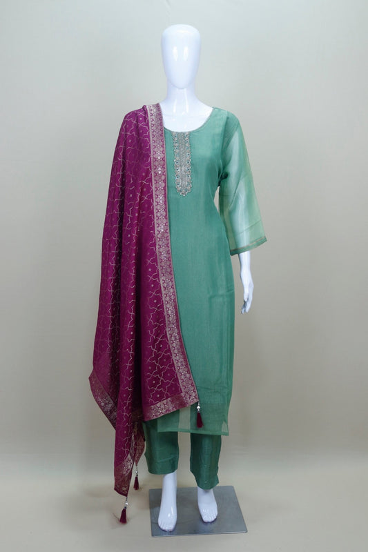 Elegant Green Silk Straight Kurta Set Neckline and Contrast Purple Banarasi Dupatta Festive Wedding Wear Suit - Mangaldeep NX