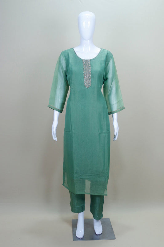 Elegant Green Silk Straight Kurta Set Neckline and Contrast Purple Banarasi Dupatta Festive Wedding Wear Suit - Mangaldeep NX