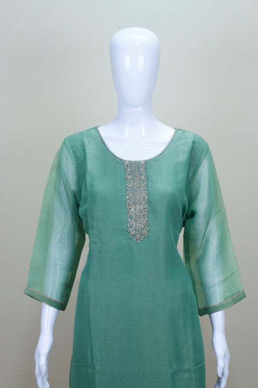 Elegant Green Silk Straight Kurta Set Neckline and Contrast Purple Banarasi Dupatta Festive Wedding Wear Suit - Mangaldeep NX