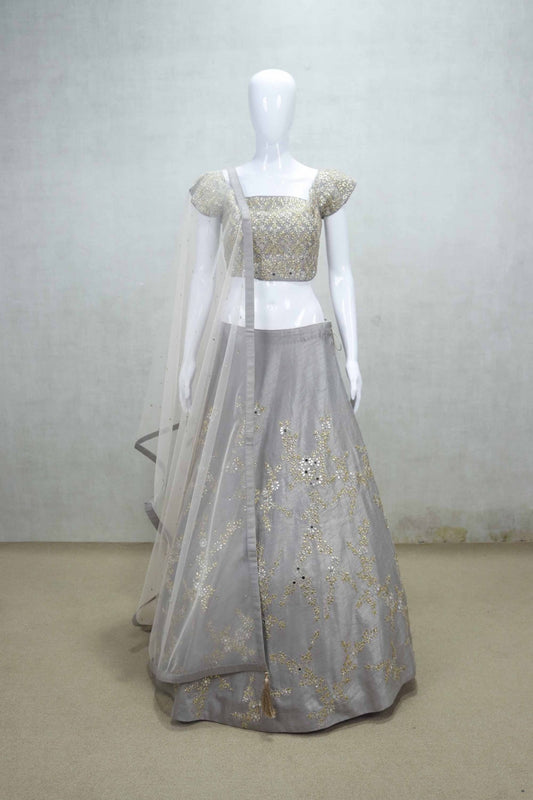 Elegant Grey Embroidered Silk Lehenga Choli with Net Dupatta - Mangaldeep NX