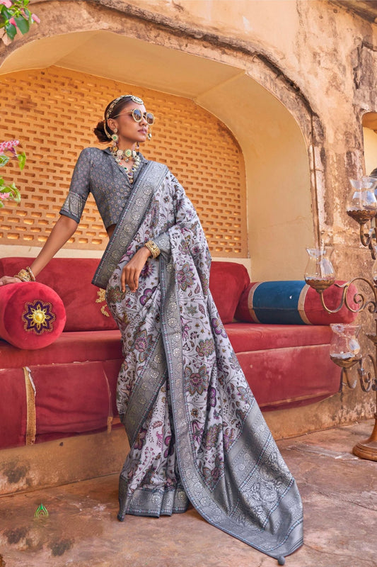 Elegant Grey Floral Printed Saree with Contrast Unstitched Blouse - Mangaldeep NX