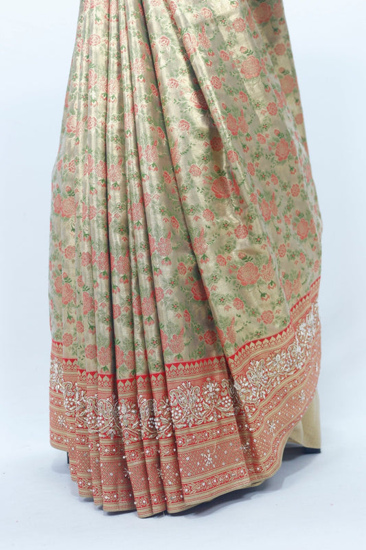 Elegant Light Green and Peach Banarasi Silk Saree with Floral Zari Weaving and Tassel Detailing Wedding Festive Wear - Mangaldeep NX